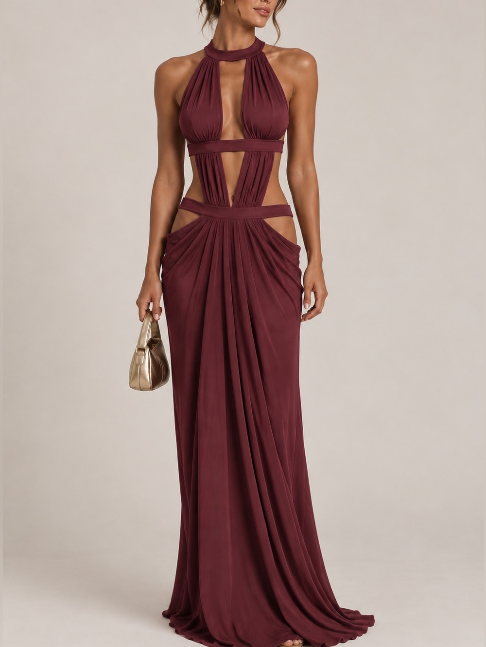 Halter Cutout Dress in Wine Burgundy